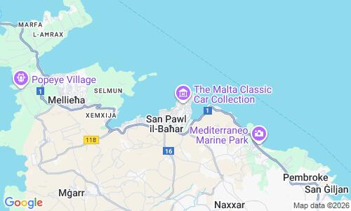 Ausschnitt der Weltkarte zu Bugibba Beach