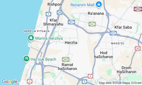 Ausschnitt der Weltkarte zu Herzliya-Strand